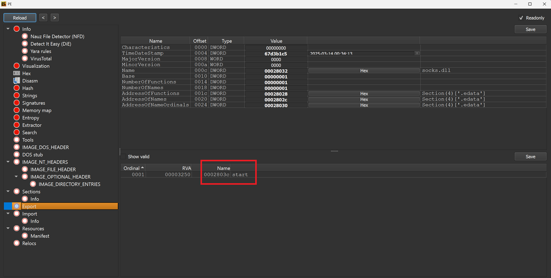 View of the sample’s Exports in Detect-It-Easy